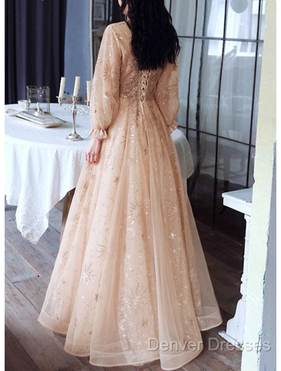 A-Line Glittering Elegant Engagement Formal Evening Dress High Neck Long Sleeve Floor Length Tulle With Sequin Secondary image