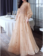 A-Line Glittering Elegant Engagement Formal Evening Dress High Neck Long Sleeve Floor Length Tulle With Sequin