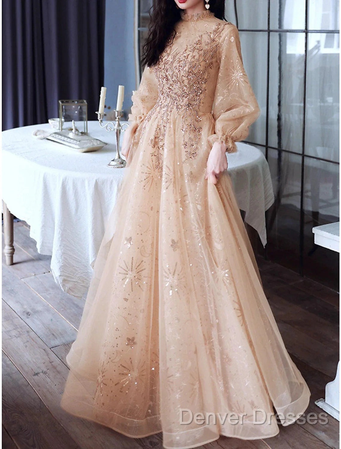A-Line Glittering Elegant Engagement Formal Evening Dress High Neck Long Sleeve Floor Length Tulle With Sequin