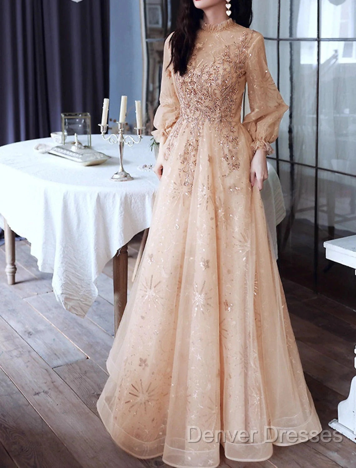 A-Line Glittering Elegant Engagement Formal Evening Dress High Neck Long Sleeve Floor Length Tulle With Sequin