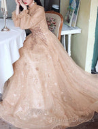 A-Line Glittering Elegant Engagement Formal Evening Dress High Neck Long Sleeve Floor Length Tulle With Sequin