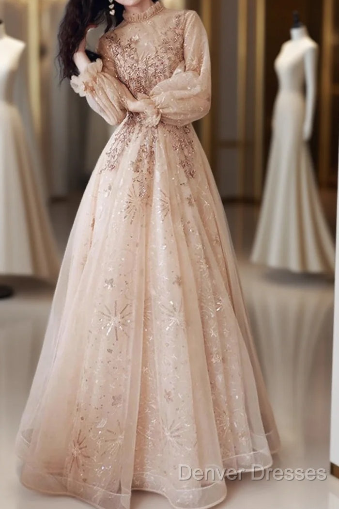 A-Line Glittering Elegant Engagement Formal Evening Dress High Neck Long Sleeve Floor Length Tulle With Sequin Main image