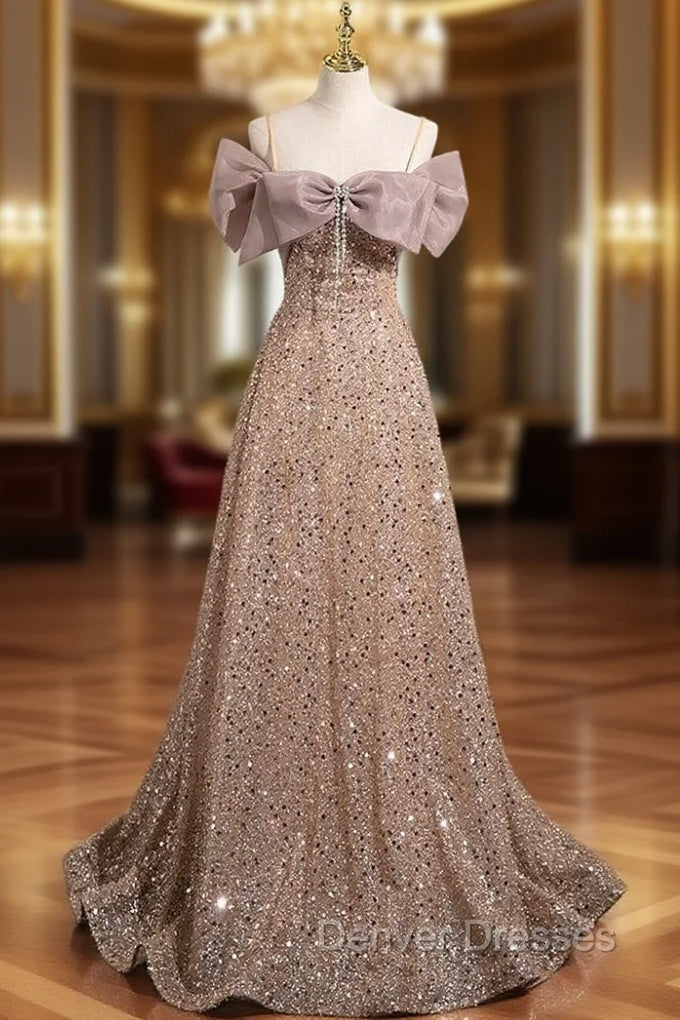 A-Line Gold Sequins Spaghetti Straps Bow Prom Dress