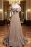 A-Line Gold Sequins Spaghetti Straps Bow Prom Dress