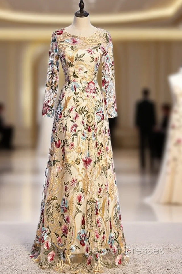 A-Line Gold Tulle Embroidery Long Sleeve Prom Dress