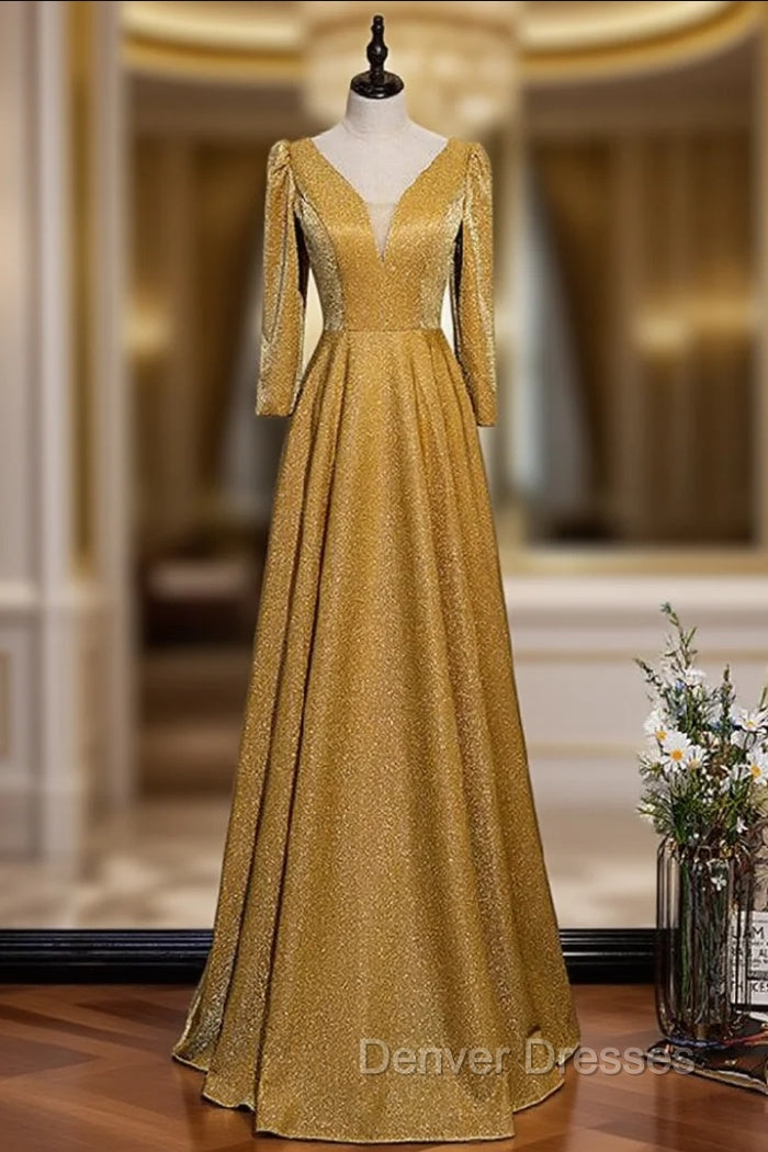 A-Line Gold V-neck Long Sleeve Prom Dress