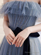 A-Line Gray Blue Off The Shoulder Long Prom Dress Sparkly Evening Dress