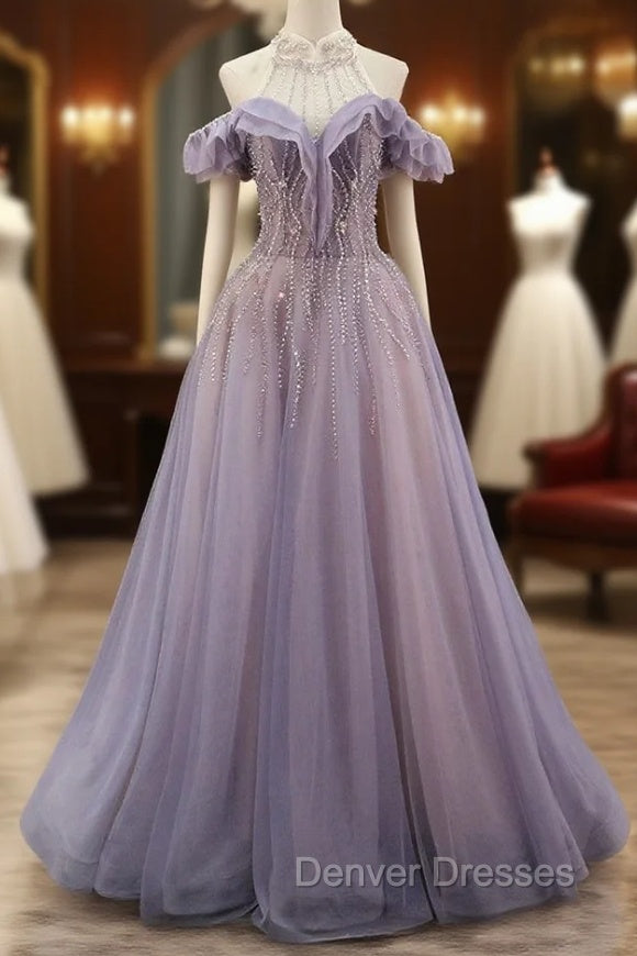 A-line Gray Blue Tulle Beading Prom Dress Main image