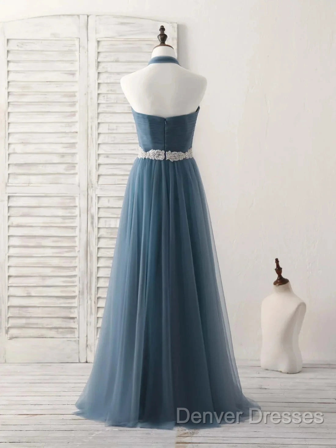 A-Line Gray Blue Tulle Long Bridesmaid Dress Floor-Length Beading Prom Dress Elegant Secondary image