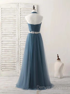 A-Line Gray Blue Tulle Long Bridesmaid Dress Floor-Length Beading Prom Dress Elegant