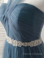 A-Line Gray Blue Tulle Long Bridesmaid Dress Floor-Length Beading Prom Dress Elegant