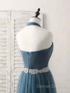 A-Line Gray Blue Tulle Long Bridesmaid Dress Floor-Length Beading Prom Dress Elegant