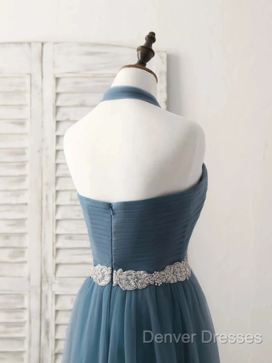 A-Line Gray Blue Tulle Long Bridesmaid Dress Floor-Length Beading Prom Dress Elegant