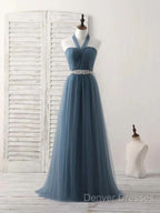 A-Line Gray Blue Tulle Long Bridesmaid Dress Floor-Length Beading Prom Dress Elegant