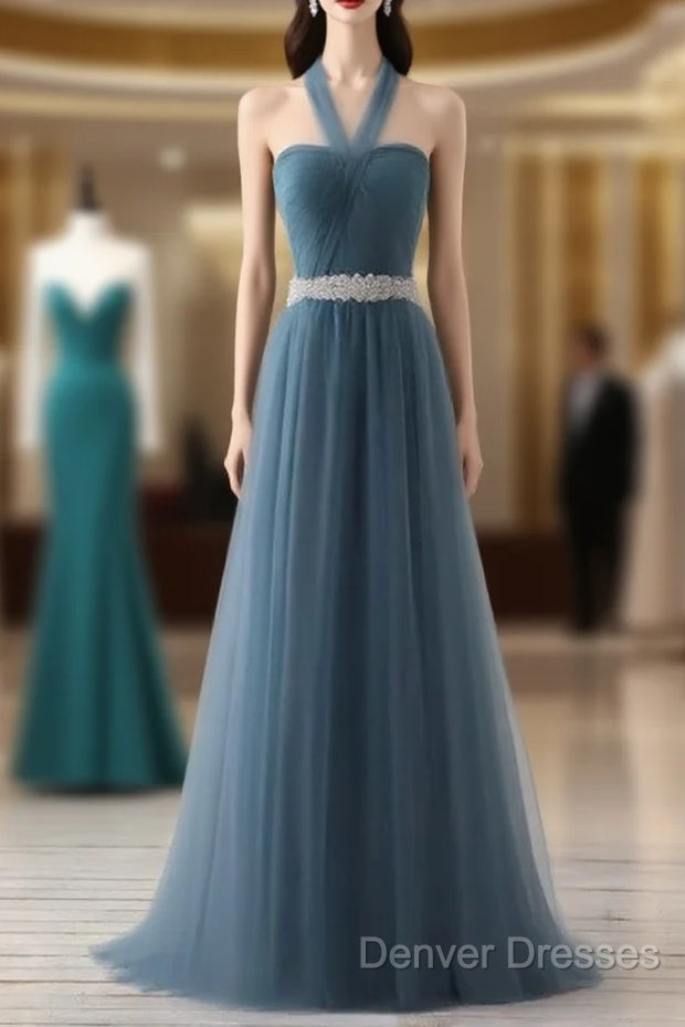 A-Line Gray Blue Tulle Long Bridesmaid Dress Floor-Length Beading Prom Dress Elegant Main image