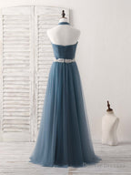 A-Line Gray Blue Tulle Long Bridesmaid Dress Gray Blue Prom Dress
