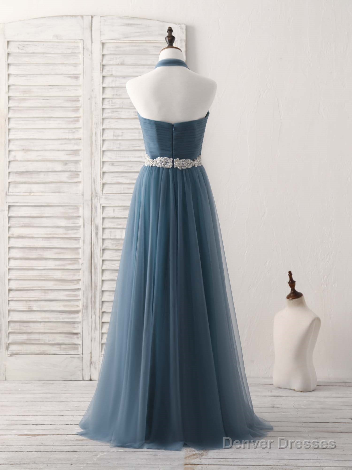 A-Line Gray Blue Tulle Long Bridesmaid Dress Gray Blue Prom Dress