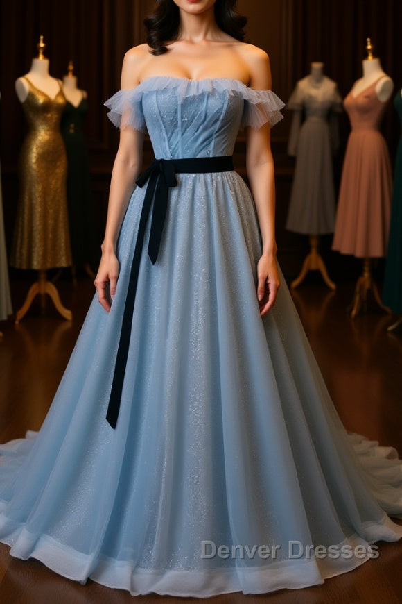A-Line Gray Blue Tulle Long Prom Dress, Gray Blue Long Formal Dress