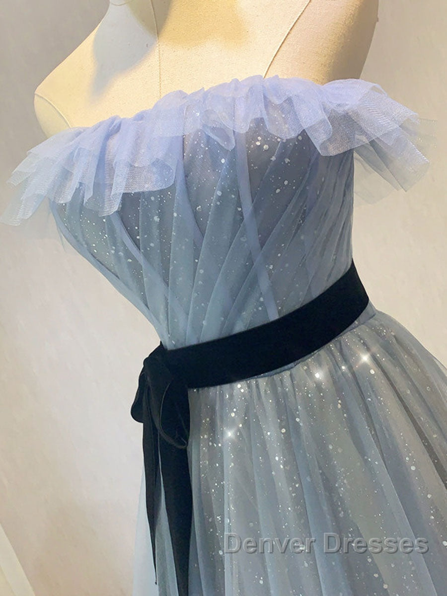 A-Line Gray Blue Tulle Long Prom Dress, Gray Blue Long Formal Dress Secondary image