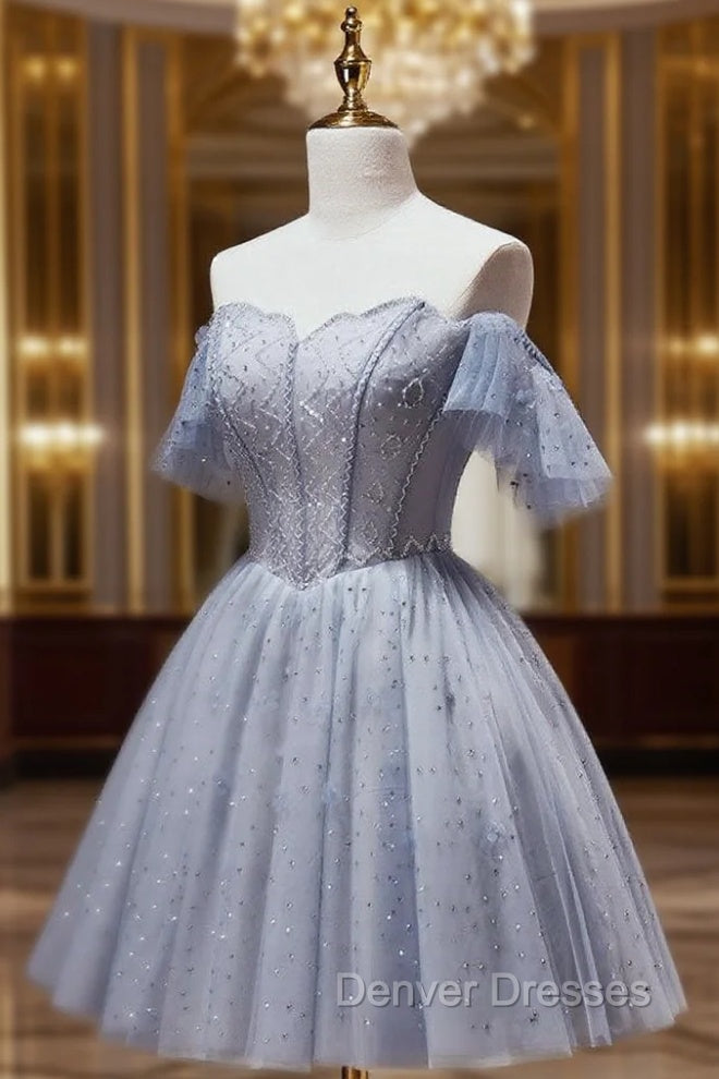 A-Line Gray Blue Tulle Short Prom Dress. Cute Gray Blue Homecoming Dress Main image