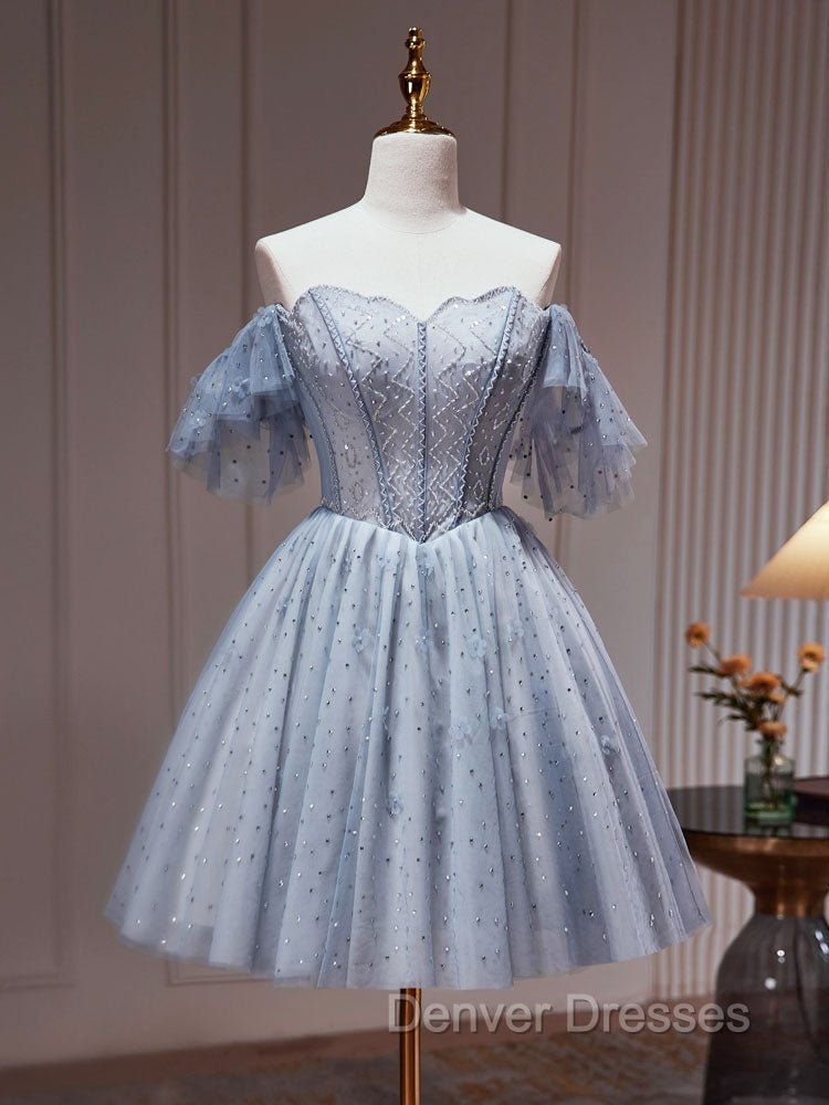 A-Line Gray Blue Tulle Short Prom Dress. Cute Gray Blue Homecoming Dress Secondary image