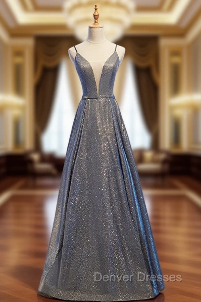 A-Line Gray Deep V-neck Sleeveless Long Prom Dress