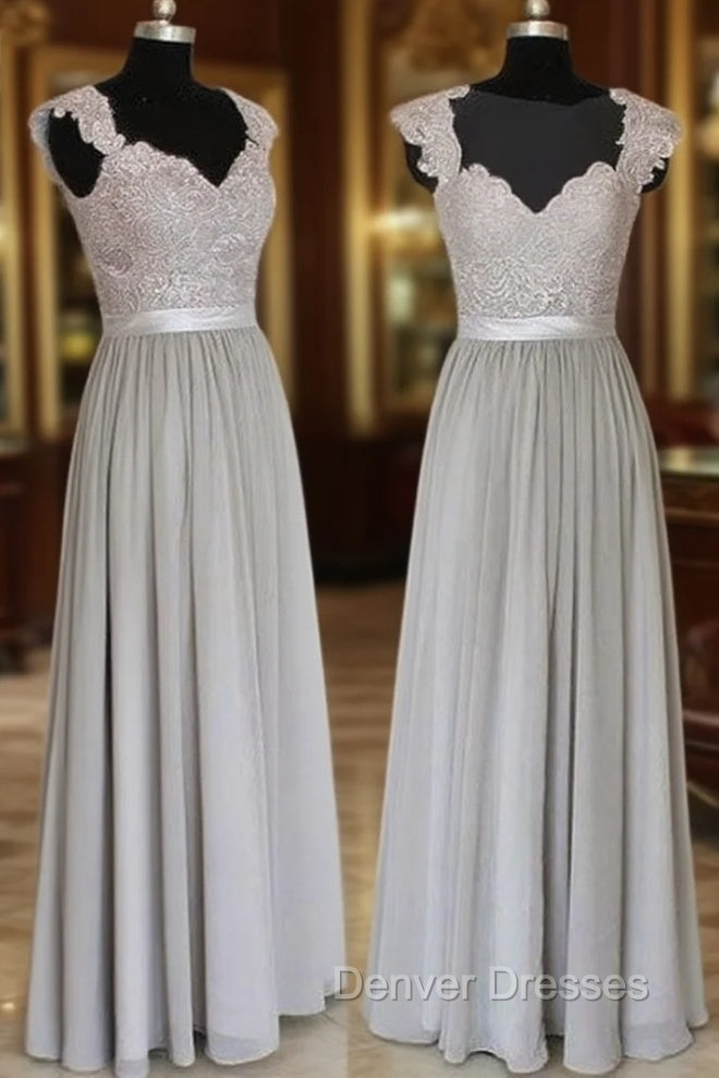 A-Line Gray Long Prom Dress, Gray Lace Bridesmaid Dress Main image