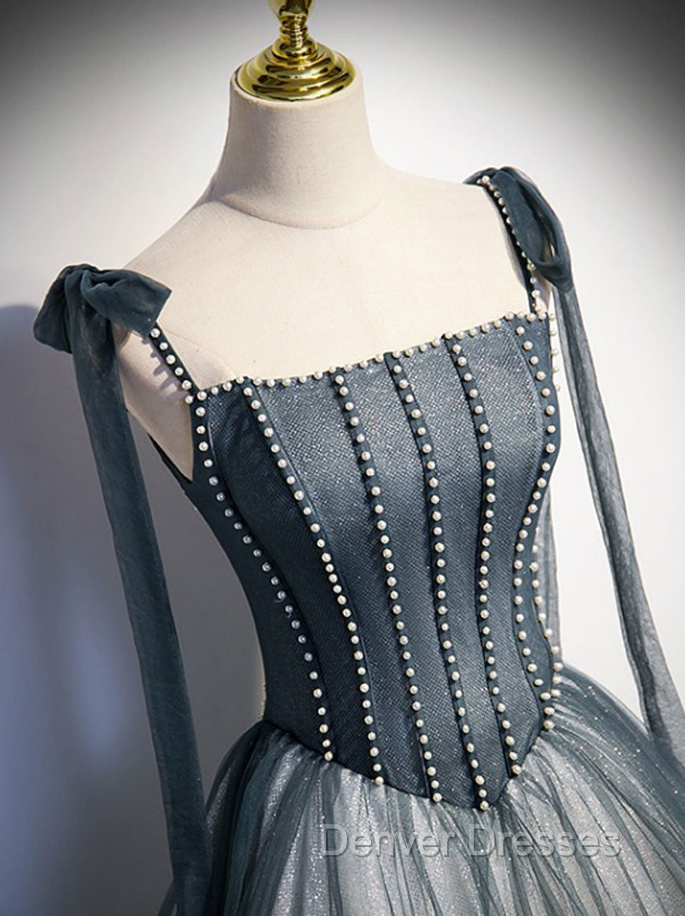 A Line Gray Long Prom Dress, Tulle Gray Formal Graduation Dress with Beading Secondary image