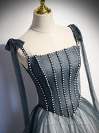 A Line Gray Long Prom Dress, Tulle Gray Formal Graduation Dress with Beading