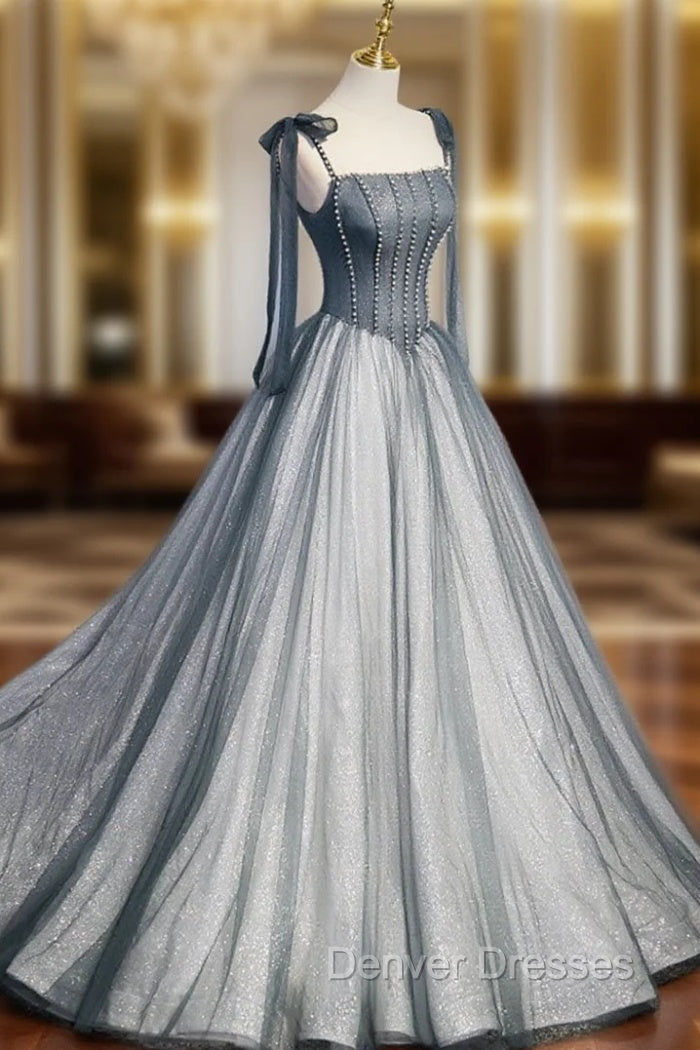 A Line Gray Long Prom Dress, Tulle Gray Formal Graduation Dress with Beading Main image