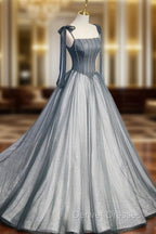A Line Gray Long Prom Dress, Tulle Gray Formal Graduation Dress with Beading