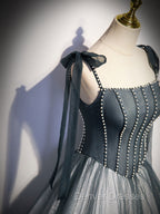 A Line Gray Long Prom Dress, Tulle Gray Formal Graduation Dress with Beading