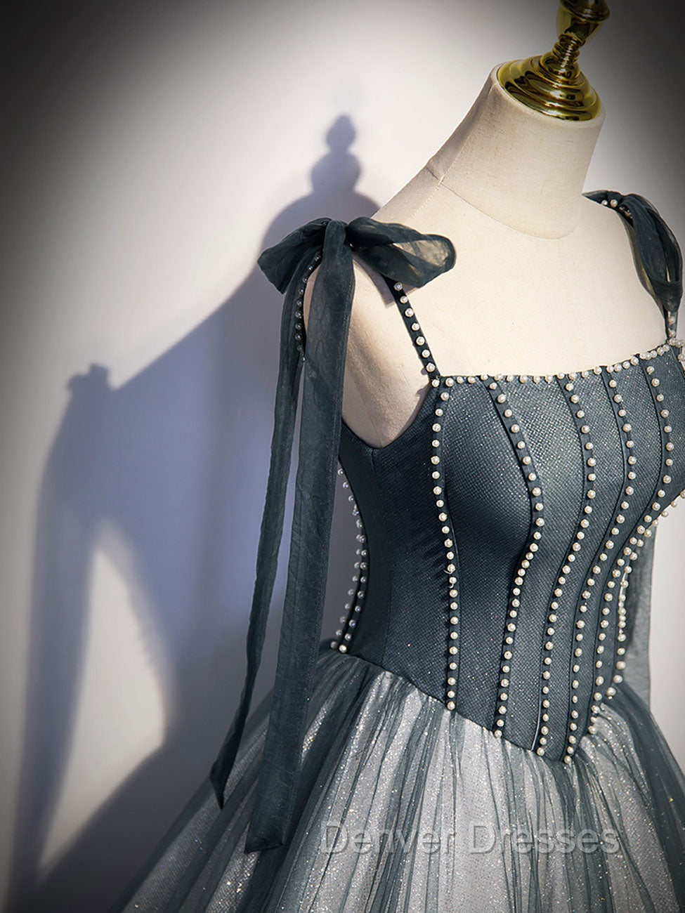 A Line Gray Long Prom Dress, Tulle Gray Formal Graduation Dress with Beading