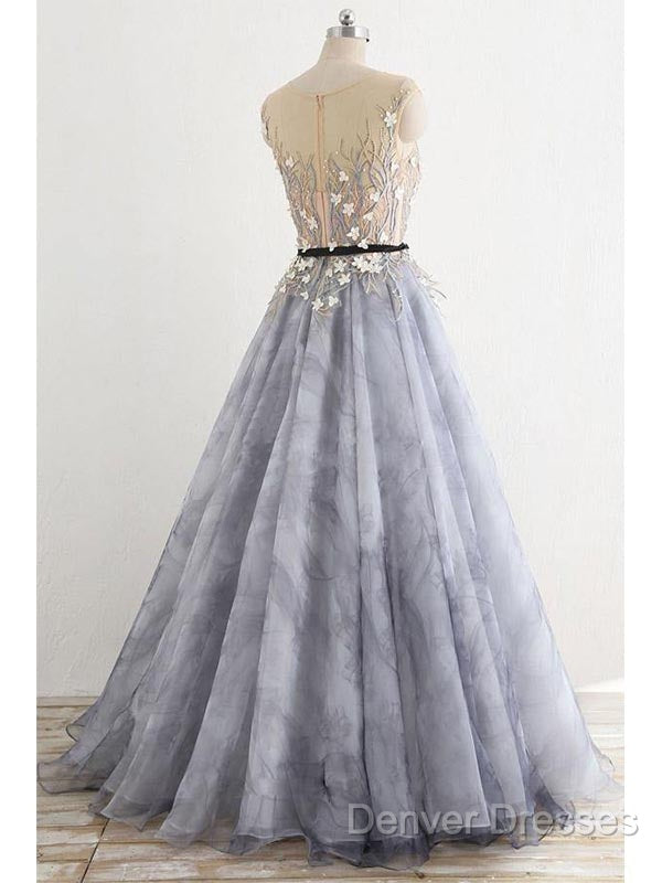 A-Line Gray Rround Neck Tulle Long Prom Dress Grey Evening Dress, Secondary image