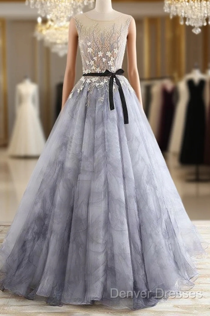A-Line Gray Rround Neck Tulle Long Prom Dress Grey Evening Dress, Main image