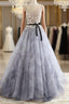 A-Line Gray Rround Neck Tulle Long Prom Dress Grey Evening Dress,