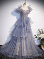 A-Line Gray Sequin Long Prom Dress, Sequin Tulle Formal Evening Dress