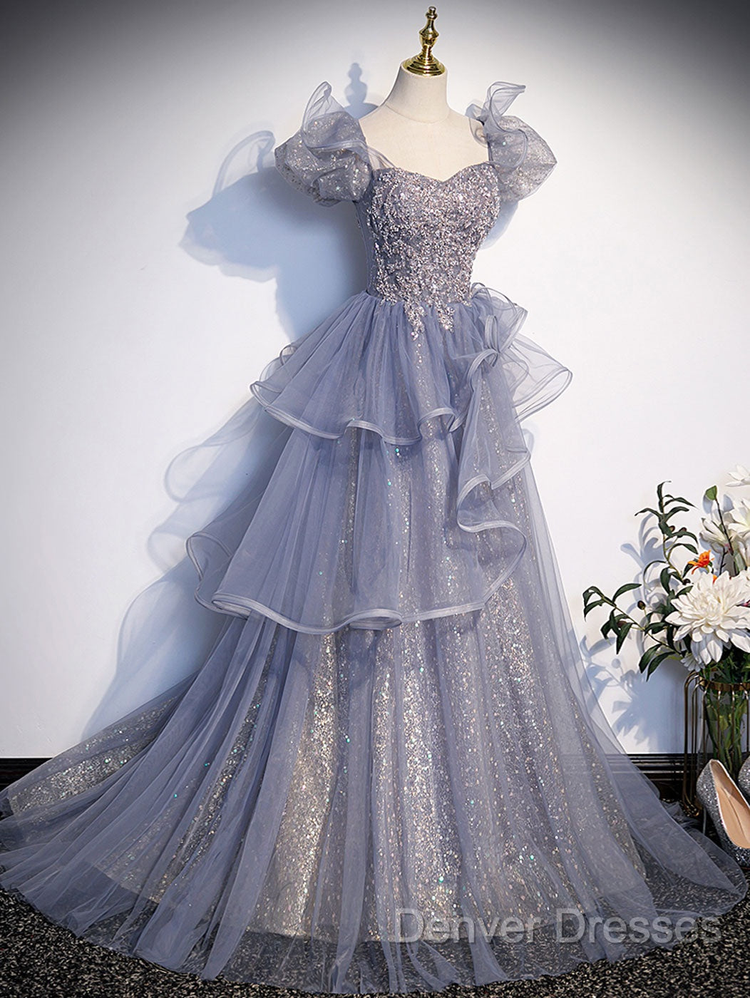 A-Line Gray Sequin Long Prom Dress, Sequin Tulle Formal Evening Dress