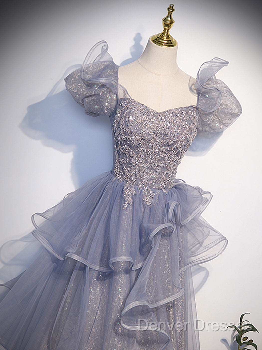 A-Line Gray Sequin Long Prom Dress, Sequin Tulle Formal Evening Dress