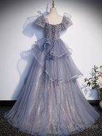 A-Line Gray Sequin Long Prom Dress, Sequin Tulle Formal Evening Dress
