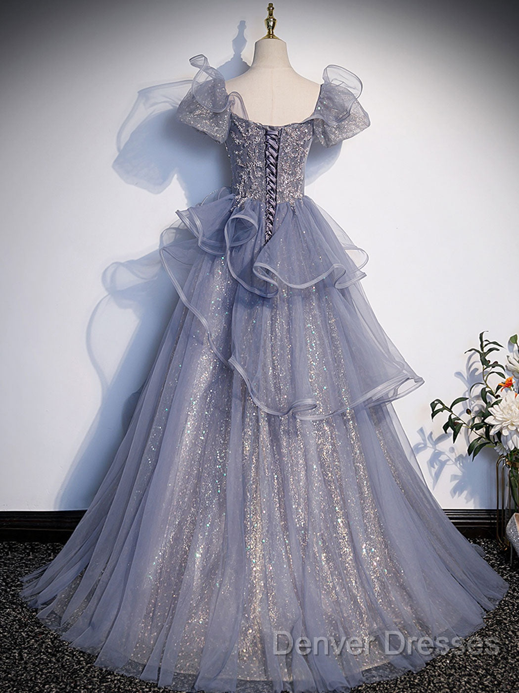 A-Line Gray Sequin Long Prom Dress, Sequin Tulle Formal Evening Dress