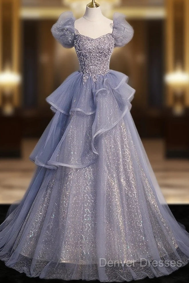 A-Line Gray Sequin Long Prom Dress, Sequin Tulle Formal Evening Dress Main image