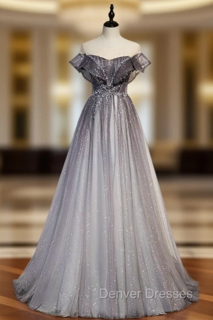 A-Line Gray Tulle Beading Cap Sleeve Prom Dress Main image
