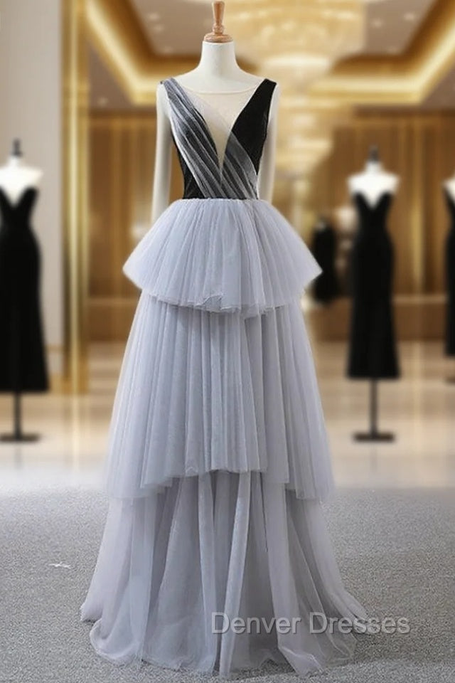 A-Line Gray Tulle Black Velvet Bateau Backless Prom Dress Main image