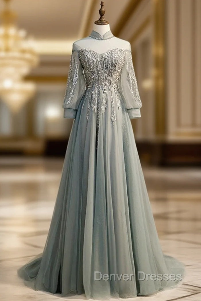 A-Line Gray Tulle Long Sleeve High Neck Backless Beading Prom Dress Main image