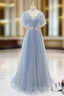 A-Line Gray Tulle Pearls V-neck Prom Dress