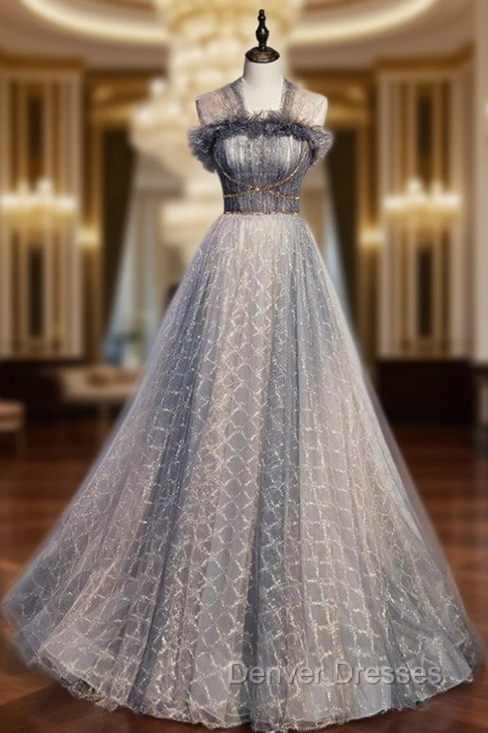 A-Line Gray Tulle Pleats Beading Prom Dress