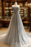 A-Line Gray Tulle Sequin Long Prom Dress, Gray Long Formal Dress