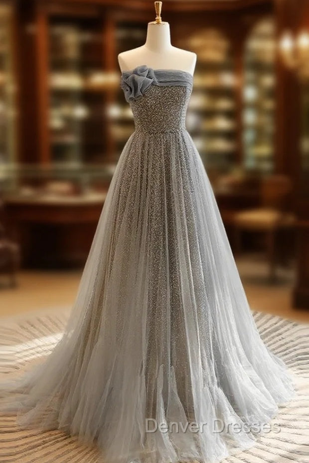 A-Line Gray Tulle Sequin Long Prom Dress, Gray Long Formal Dress Main image
