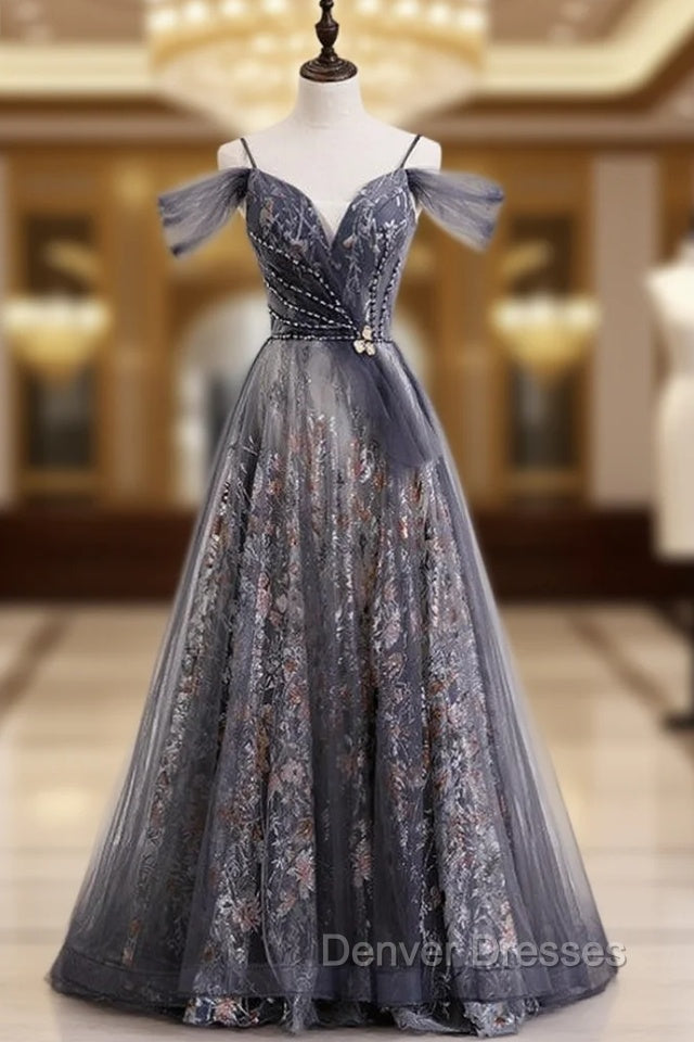 A-Line Gray Tulle Sequins Spaghetti Straps Prom Dress